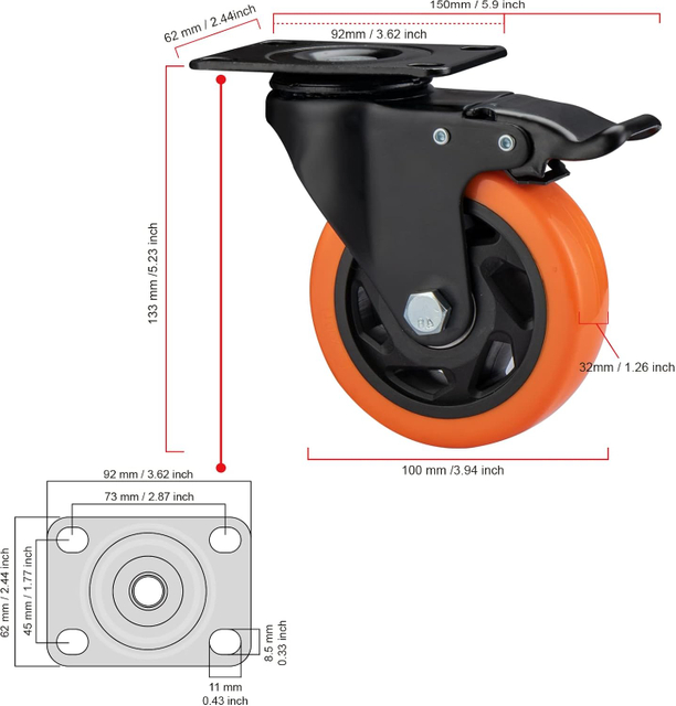 Industrie Duty 4 inch portocaliu de poliuretan cu placă rotile pivotante