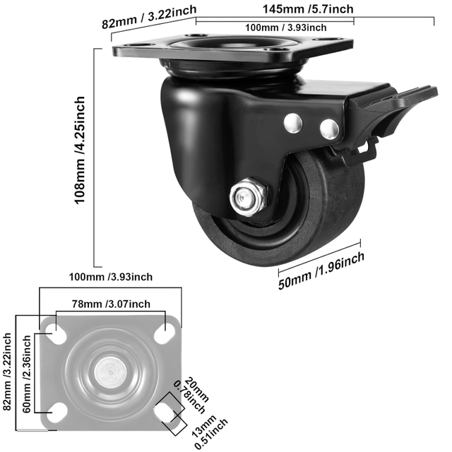 3-palcov&eacute; čierne kolieska s n&iacute;zkym gravitačn&yacute;m stredov&yacute;m dizajnom s brzdou